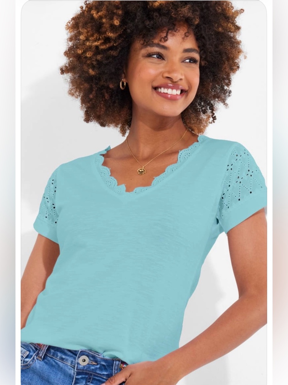 Joe Browns Scallop V-Neck Eyelet Sleeve Tee in Aqua 14/16